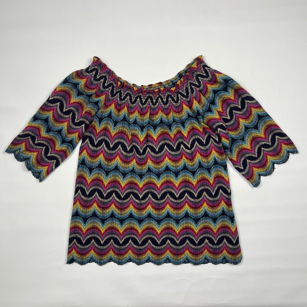 Trina Turk Chevron Knit Top Womens Small Multicolor Metallic Lurex Off Shoulder